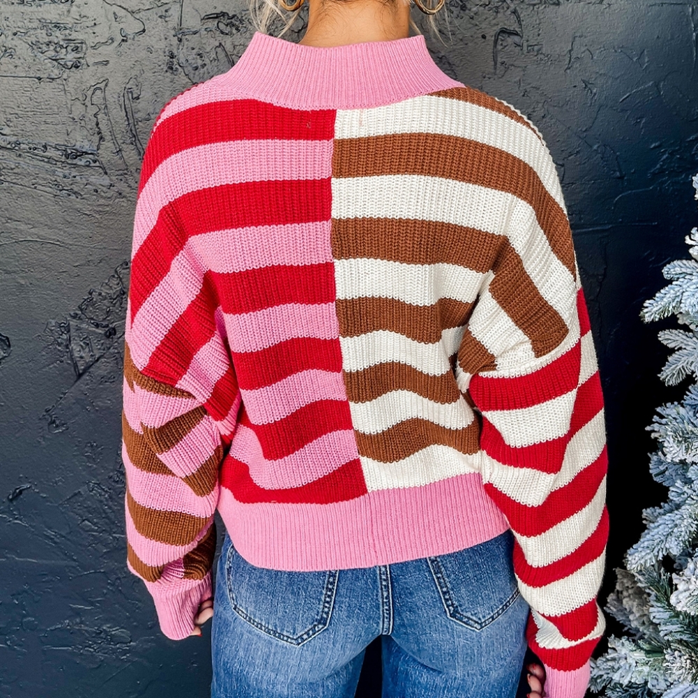 ⭐️ J-12 Pink Stripe Color Block High Neck Drop Shoulder Sweater - Picture 2 of 5
